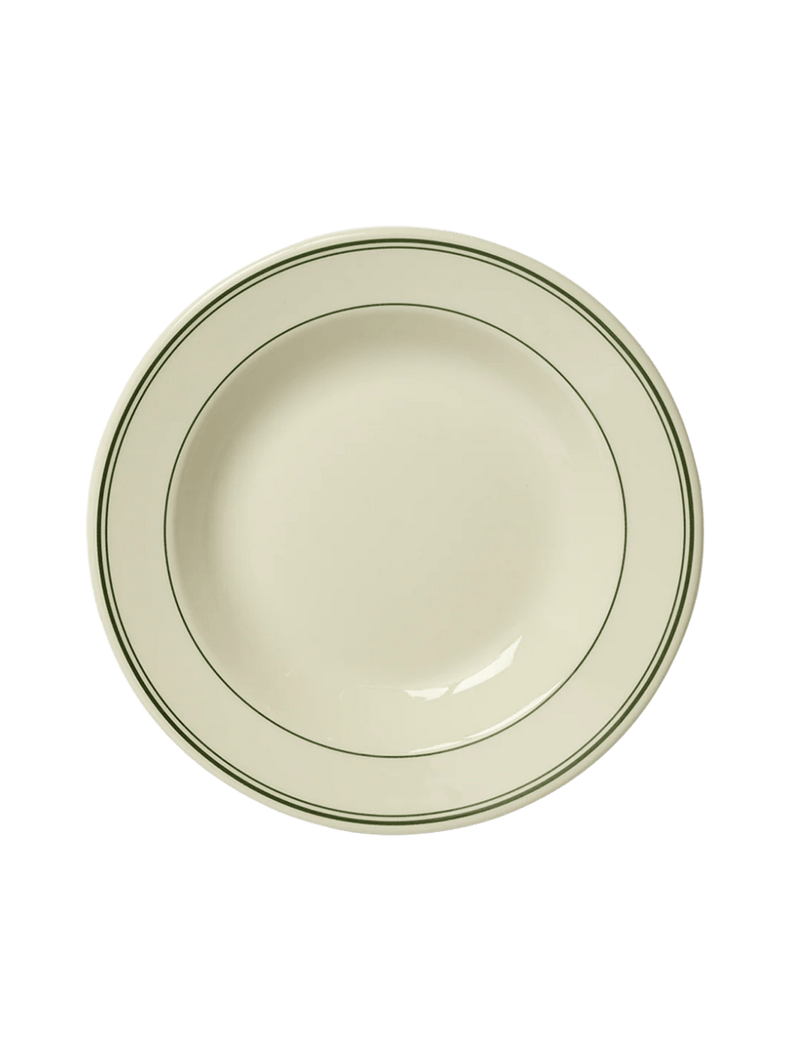 A direct overhead shot displays the perfectly circular shape and concentric dark green stripes of the HL Greenband - Soup Bowl (12.75oz) from Fishs Eddy | Twentyseven Toronto