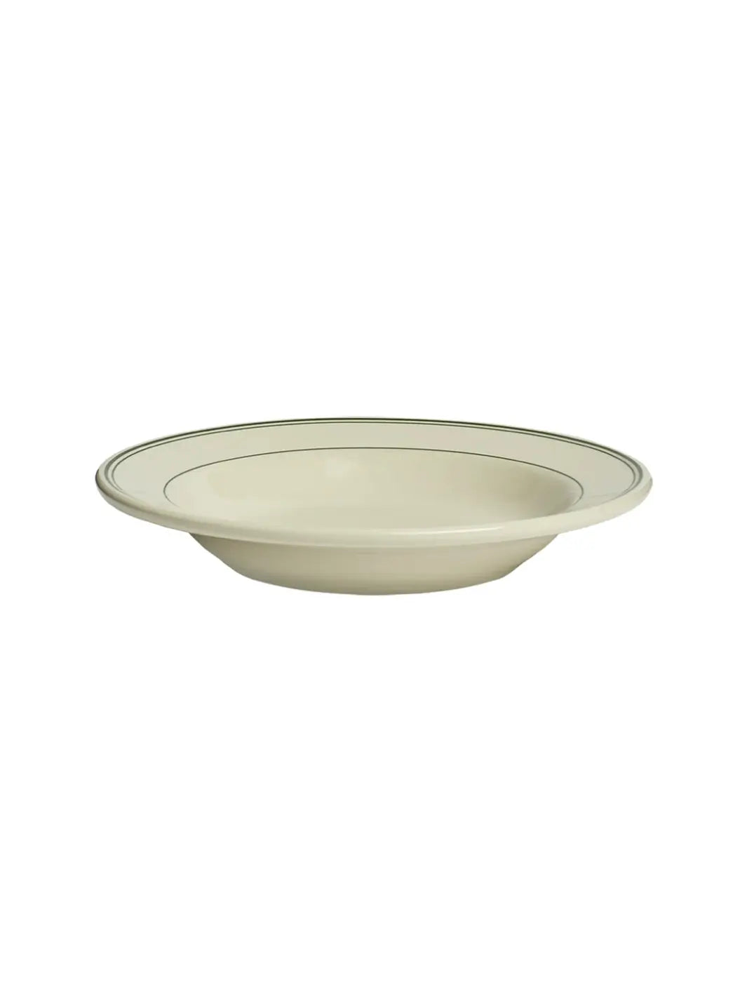 A side view of the HL Greenband - Soup Bowl (12.75oz) from Fishs Eddy showcases its deep, sloped ceramic basin and classic green rim border | Twentyseven Toronto