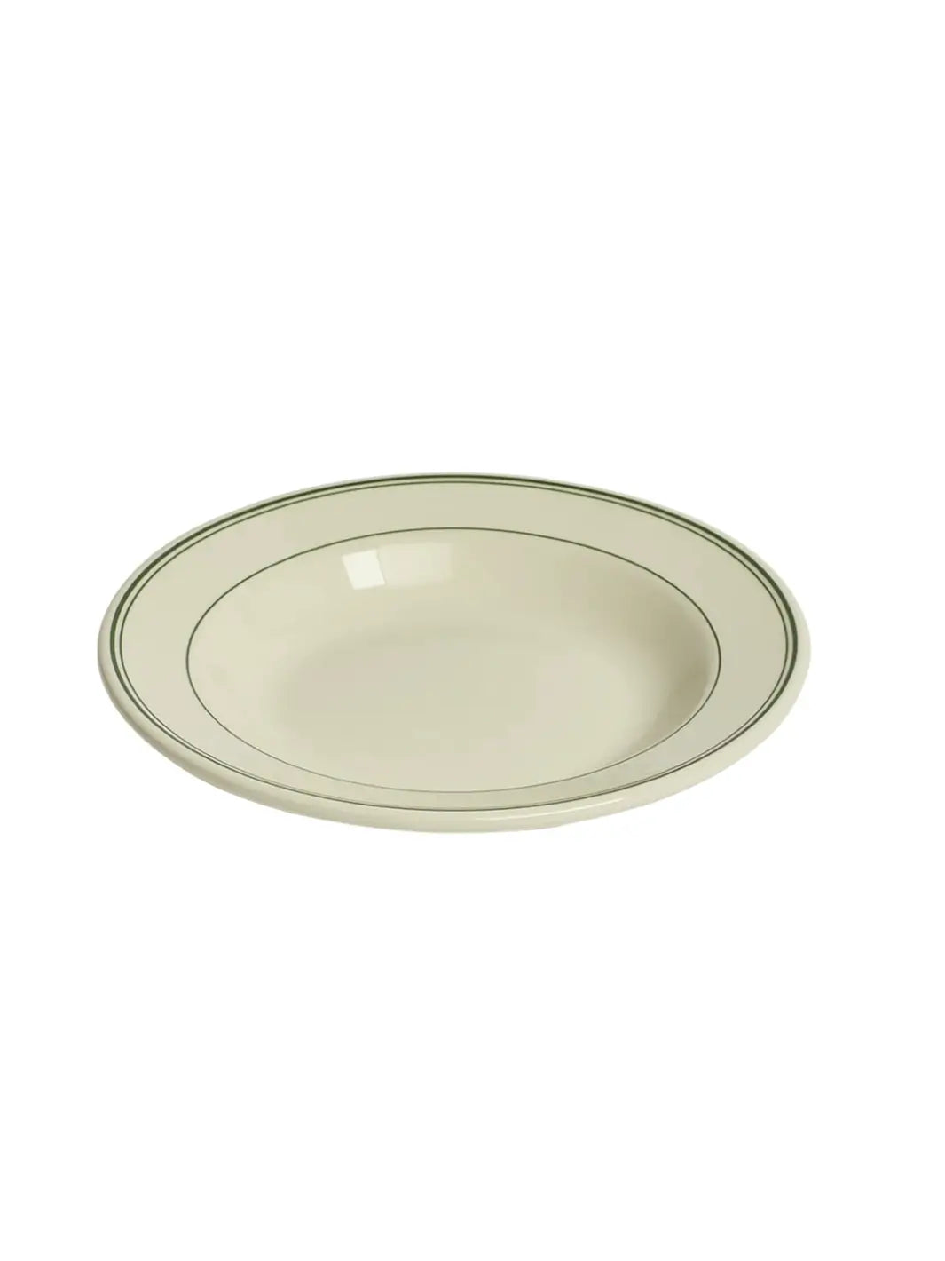 An angled top-down view highlights the glossy cream finish and vintage restaurant-style design of the HL Greenband - Soup Bowl (12.75oz) from Fishs Eddy | Twentyseven Toronto
