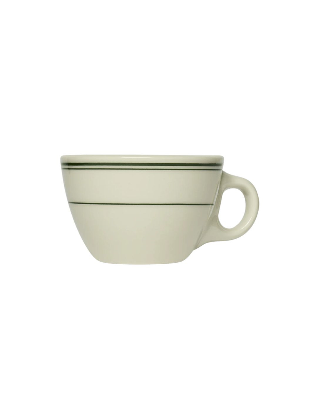 A straight-on side profile view of the off-white HL Greenband - Tea Cup (7.5oz) showing its shape, handle, and horizontal green stripes | Twentyseven Toronto