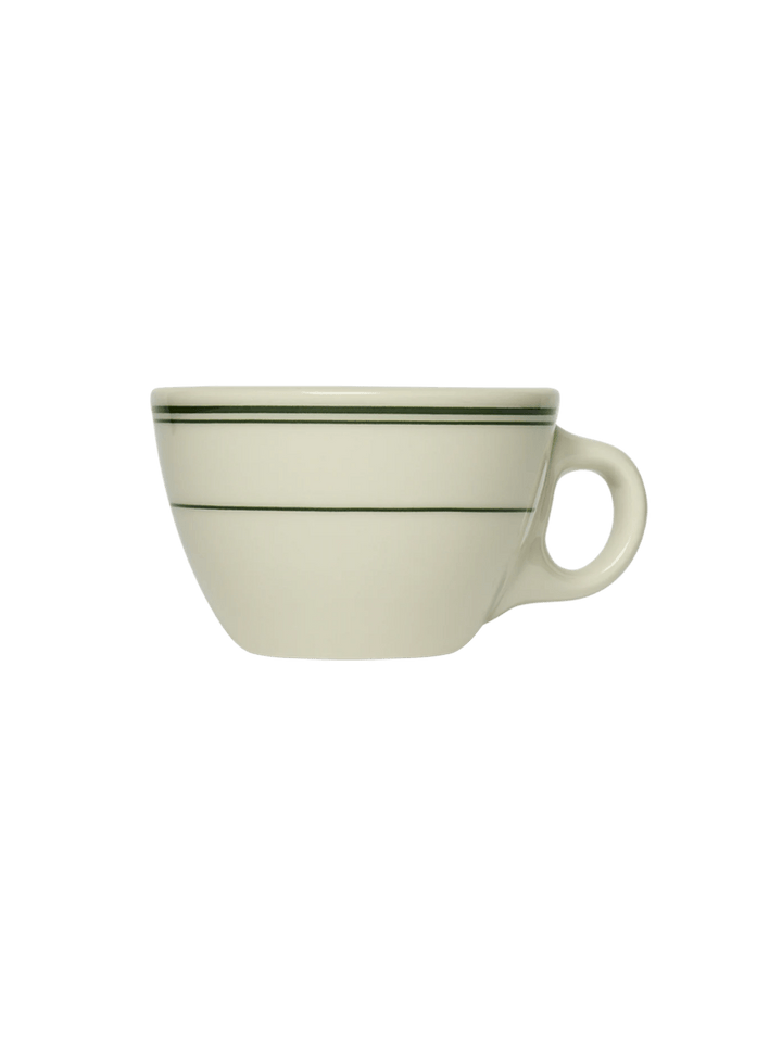 A straight-on side profile view of the off-white HL Greenband - Tea Cup (7.5oz) showing its shape, handle, and horizontal green stripes | Twentyseven Toronto
