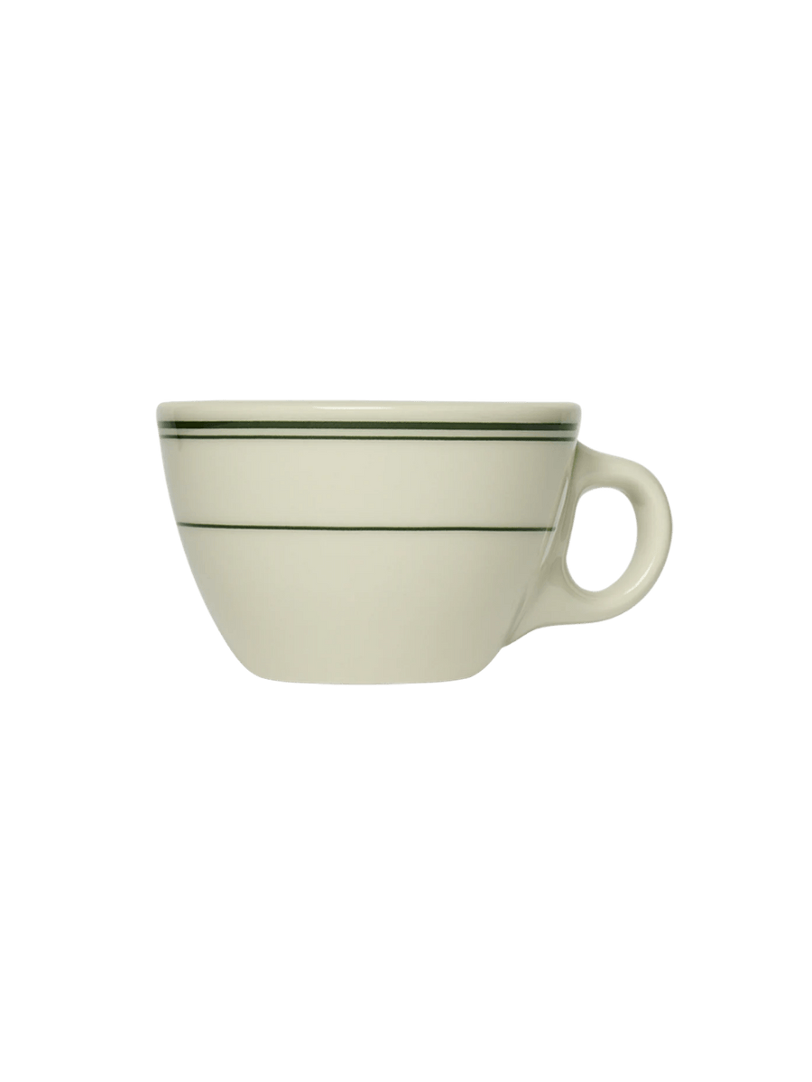 A straight-on side profile view of the off-white HL Greenband - Tea Cup (7.5oz) showing its shape, handle, and horizontal green stripes | Twentyseven Toronto