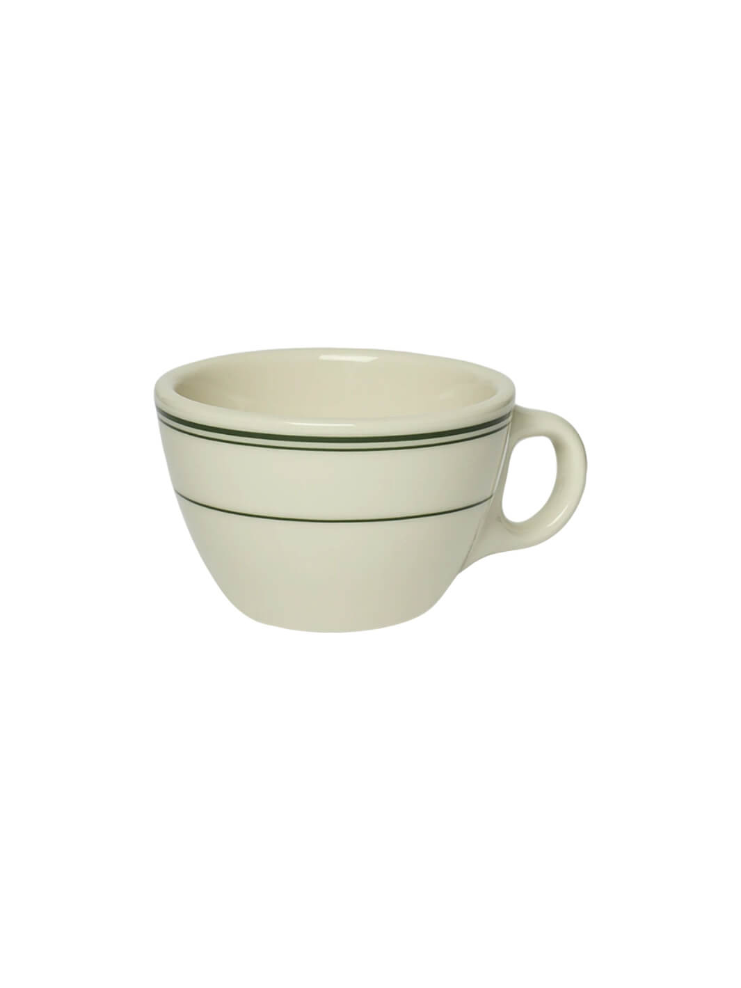 Three-quarter view of an off-white HL Greenband - Tea Cup (7.5oz) with two thin green stripes near the top rim and one green stripe around the middle | Twentyseven Toronto