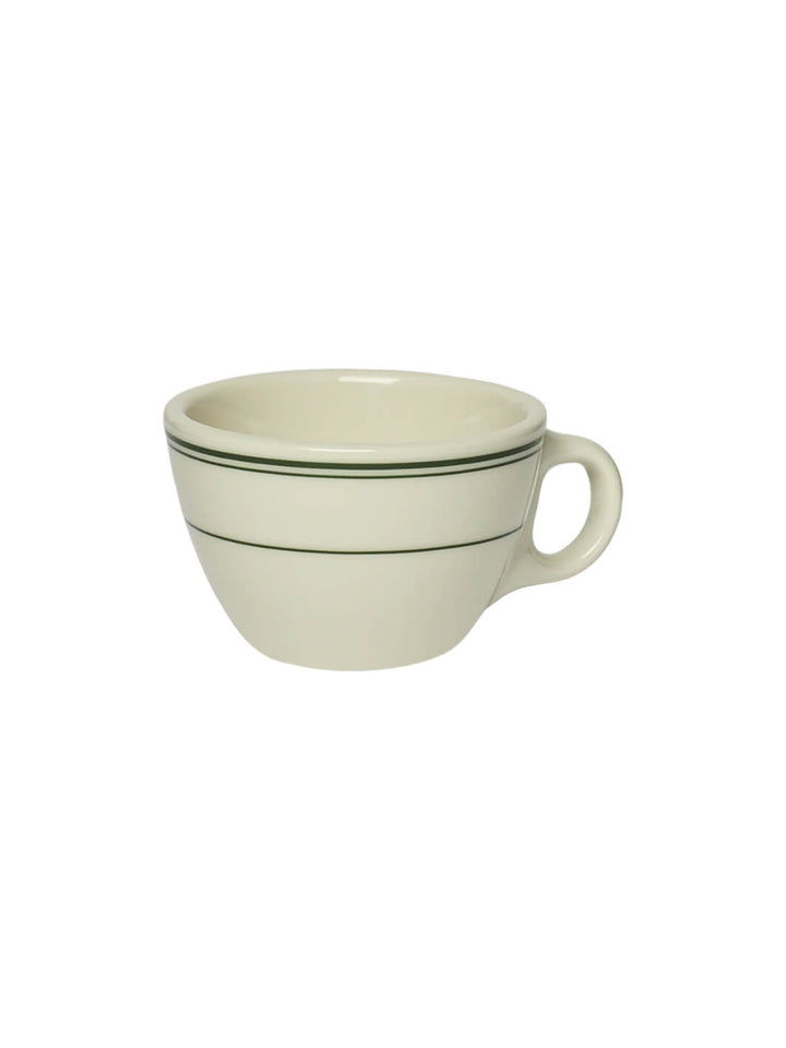 Three-quarter view of an off-white HL Greenband - Tea Cup (7.5oz) with two thin green stripes near the top rim and one green stripe around the middle | Twentyseven Toronto
