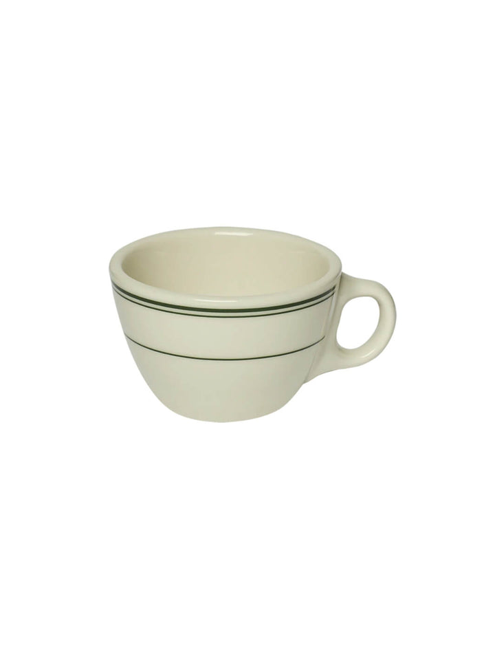 Off-white HL Greenband - Tea Cup (7.5oz), showing the inside of the cup, the handle on the right, and the green stripes on the outside | Twentyseven Toronto