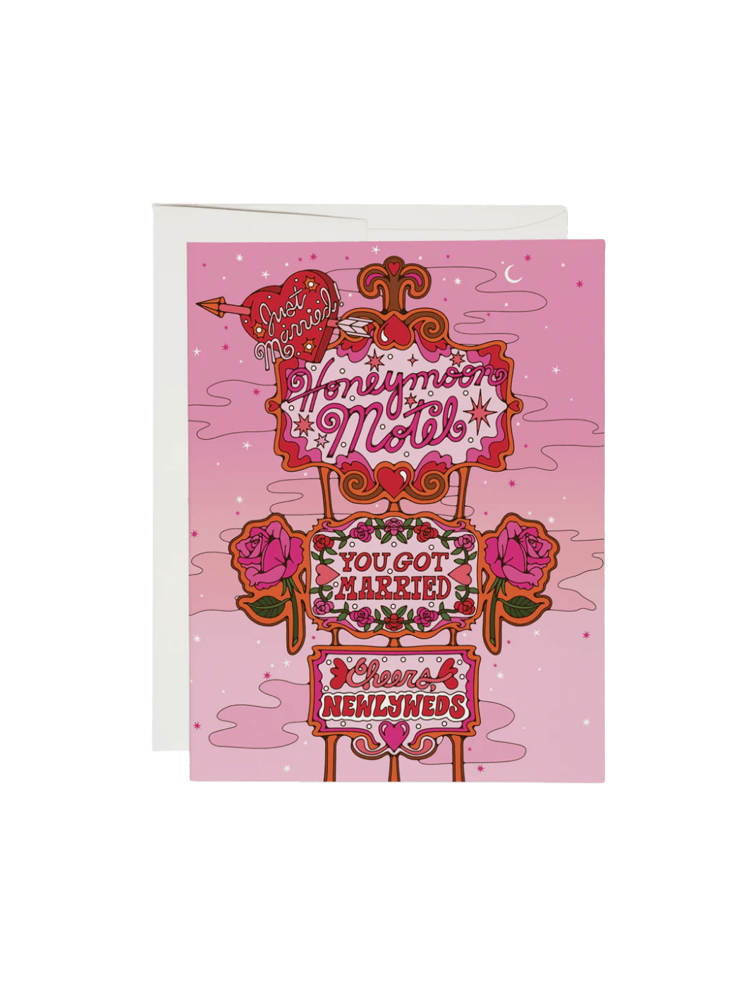 Retro greeting card with 'Honeymoon Motel' design on a pink background from Red Cap Cards | Twentyseven Toronto