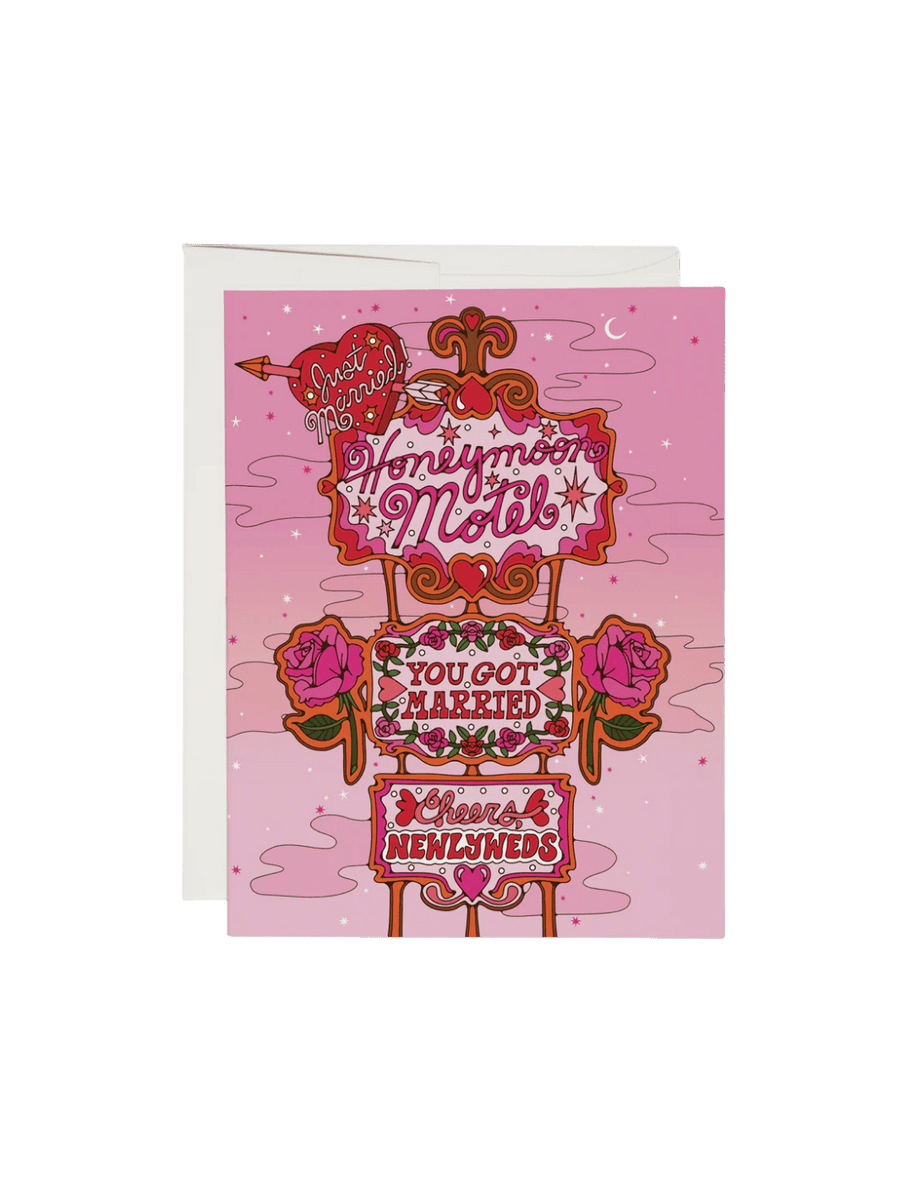 Retro greeting card with 'Honeymoon Motel' design on a pink background from Red Cap Cards | Twentyseven Toronto