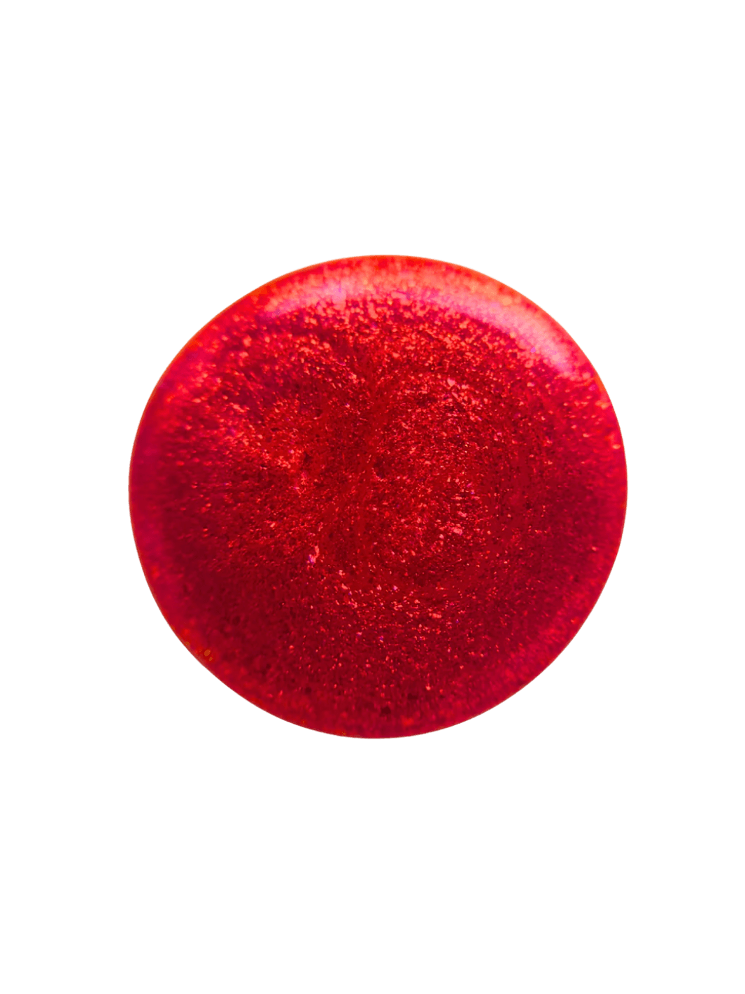 Circular color swatch on a plain white background illustrates the shimmery, metallic red hue of Death Valley Nails Hot Tamale Nail Polish | Twentyseven Toronto