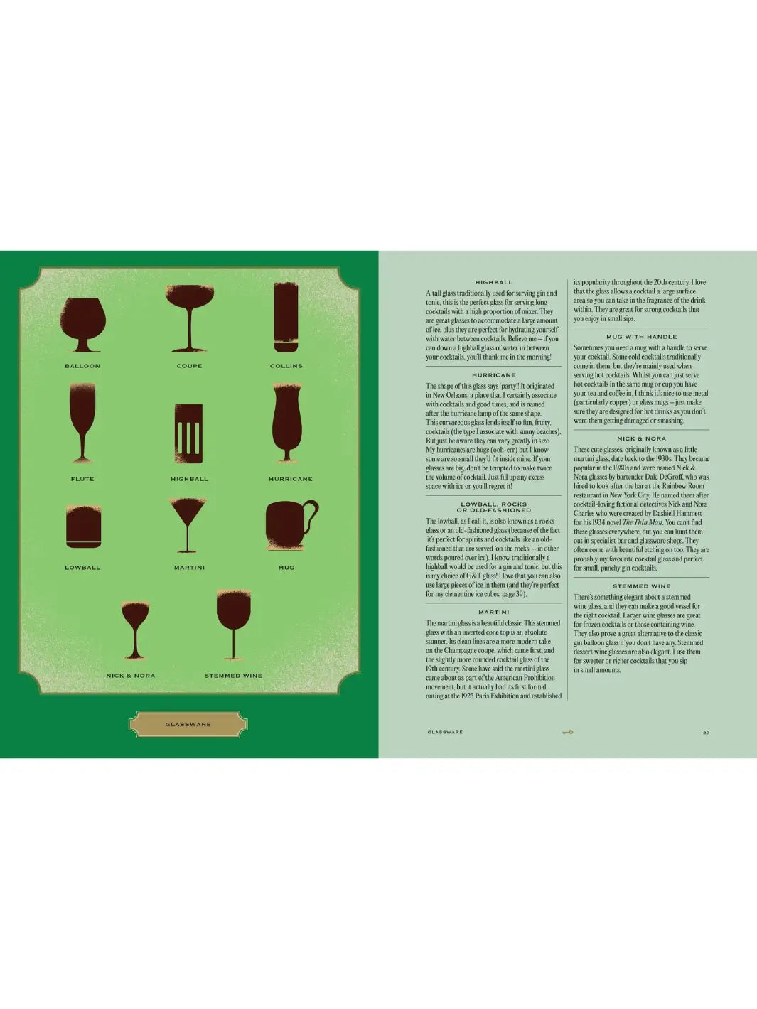 Double-page spread from House of Gin: Over 40 Cocktails to Shake, Muddle and Stir at Home by Andy Clarke displaying a variety of glassware silhouettes on the left and detailed descriptions of glasses like the Highball and Nick & Nora on the right | Twentyseven Toronto