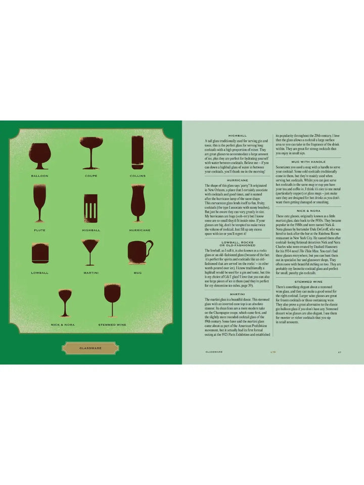 Double-page spread from House of Gin: Over 40 Cocktails to Shake, Muddle and Stir at Home by Andy Clarke displaying a variety of glassware silhouettes on the left and detailed descriptions of glasses like the Highball and Nick & Nora on the right | Twentyseven Toronto