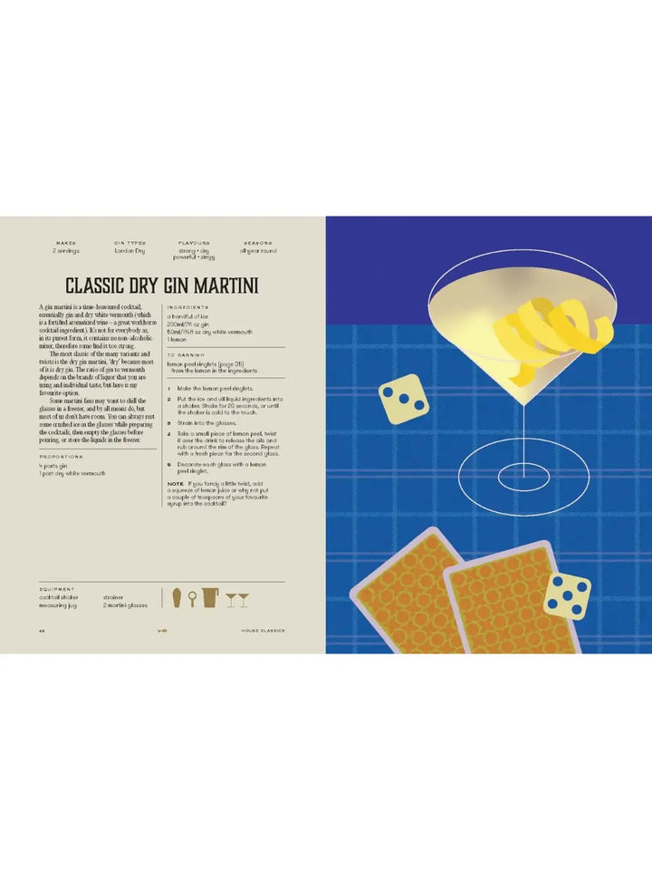 Recipe page for a "Classic Dry Gin Martini" in House of Gin: Over 40 Cocktails to Shake, Muddle and Stir at Home by Andy Clarke, featuring a graphic illustration of a martini glass with a lemon twist set against a blue checkered background with playing cards and dice | Twentyseven Toronto