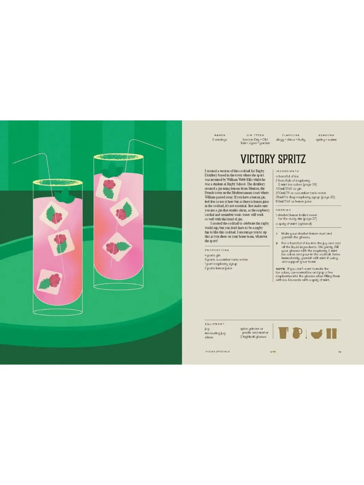 Colourful spread from House of Gin: Over 40 Cocktails to Shake, Muddle and Stir at Home by Andy Clarke detailing the "Victory Spritz" recipe, accompanied by an illustration of two tall pink drinks filled with ice and raspberries | Twentyseven Toronto