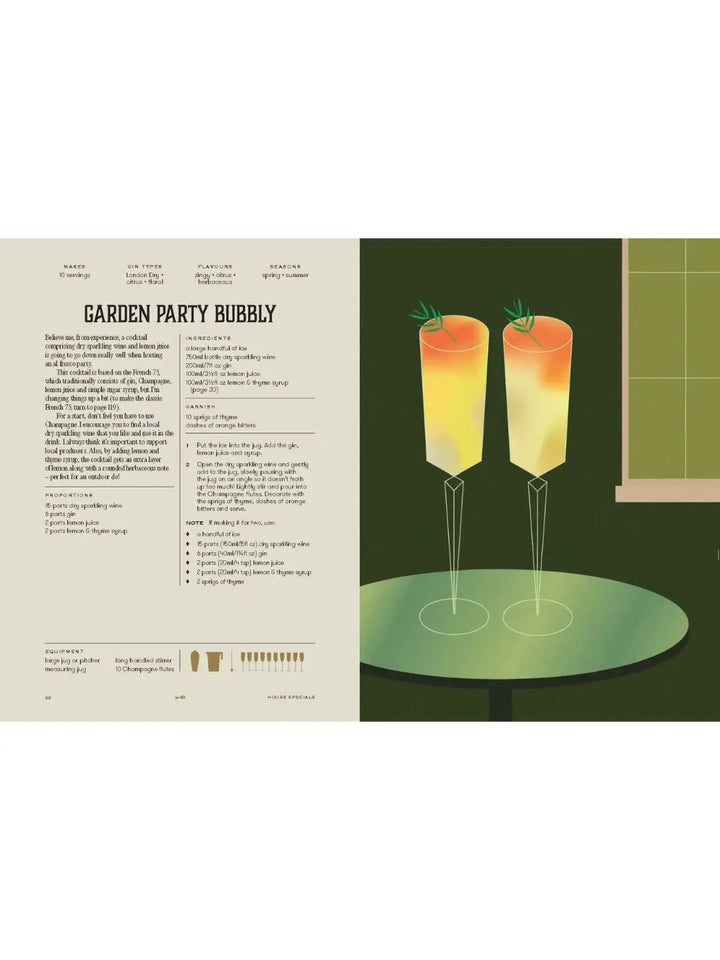 Recipe for "Garden Party Bubbly" in House of Gin: Over 40 Cocktails to Shake, Muddle and Stir at Home by Andy Clarke, featuring an illustration of two elegant, long-stemmed champagne flutes filled with a sunset-colored cocktail on a green table | Twentyseven Toronto
