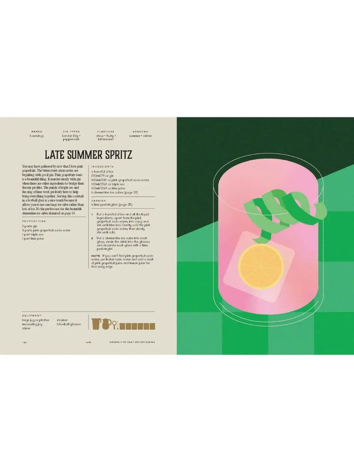 Page from House of Gin: Over 40 Cocktails to Shake, Muddle and Stir at Home by Andy Clarke showing the "Late Summer Spritz" recipe and an illustration of a pink drink in a lowball glass with a lime peel garnish and a large ice cube | Twentyseven Toronto