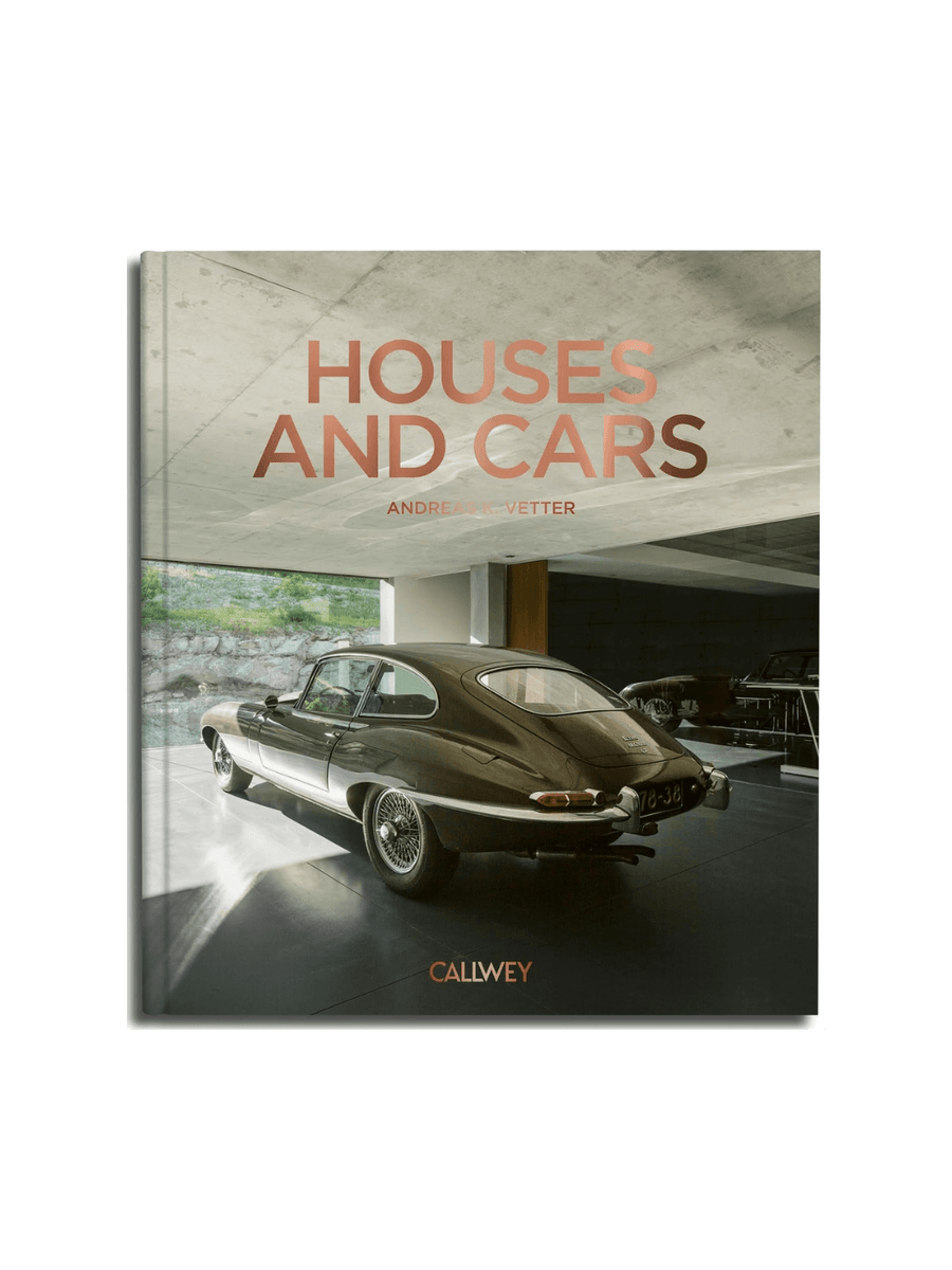 Front cover of the book Houses and Cars by Andreas K. Vetter, featuring a high-contrast, black-and-white photograph of a classic sports car parked in front of a modern, minimalist house with clean lines and large glass windows | Twentyseven Toronto