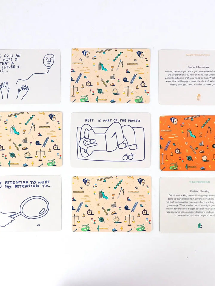 A grid of nine cards from the How To Decide Deck from People I've Loved cards neatly laid out, alternating between illustrative text prompts and colorful patterned card backs | Twentyseven Toronto