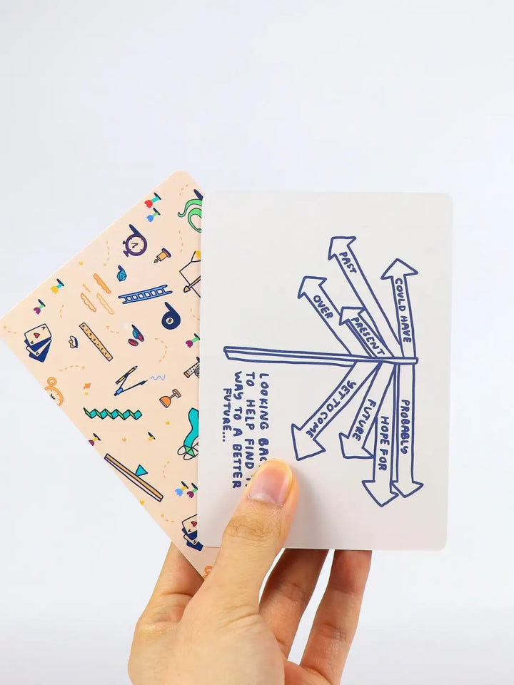 A hand holds up a card from the How To Decide Deck from People I've Loved that features a blue ink drawing of multi-directional arrows pointing toward terms like past, present, and future | Twentyseven Toronto