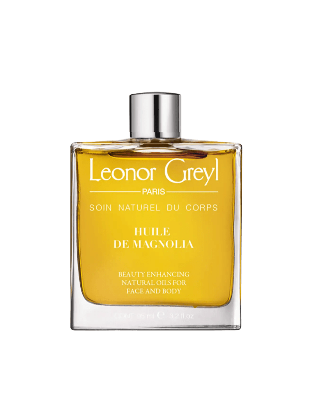Glass bottle of gold liquid 'Huile de Magnolia' by Leonor Greyl on a transparent background | Twentyseven Toronto