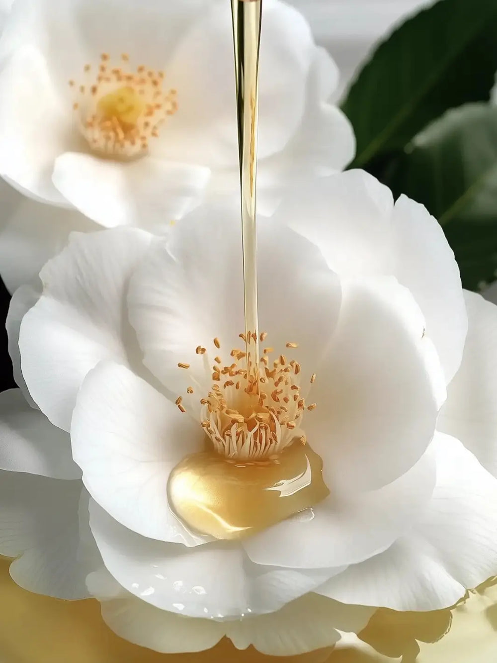 White flower with a droplet of 'Huile de Magnolia' gold liquid | Twentyseven Toronto