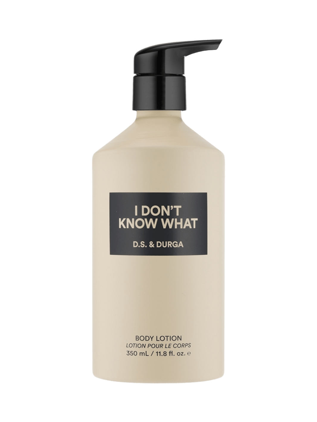 Cream body lotion 350ml bottle with 'I Don't Know What' label from DS & Durga on a transparent background | Twentyseven Toronto