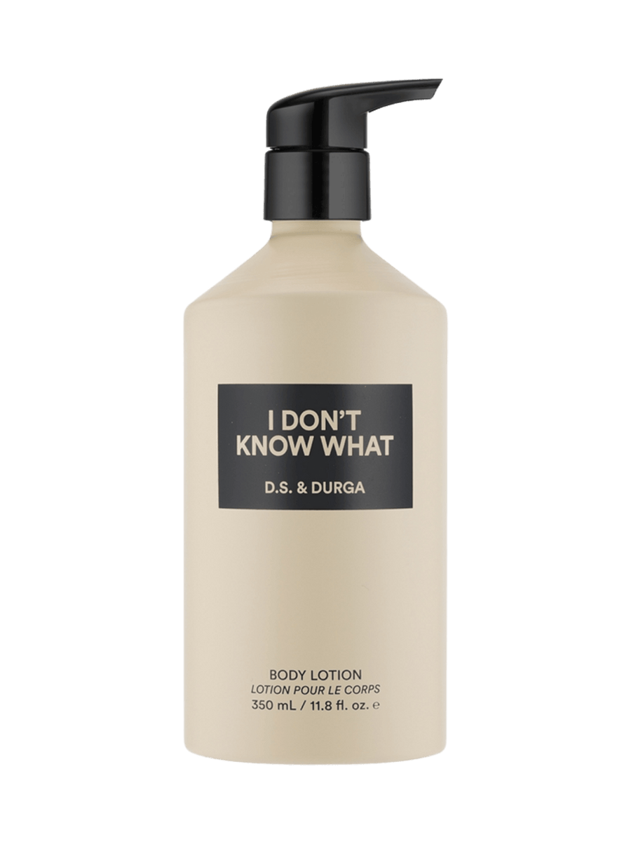 Cream body lotion 350ml bottle with 'I Don't Know What' label from DS & Durga on a transparent background | Twentyseven Toronto
