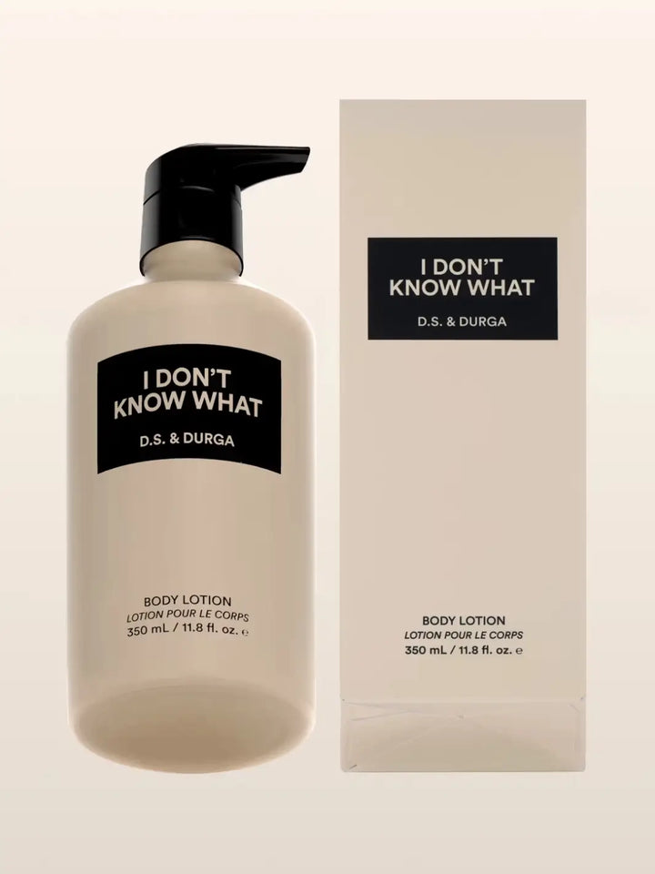 D.S. & Durga body lotion in 'I Don't Know What' with pump and packaging on a beige background | Twentyseven Toronto