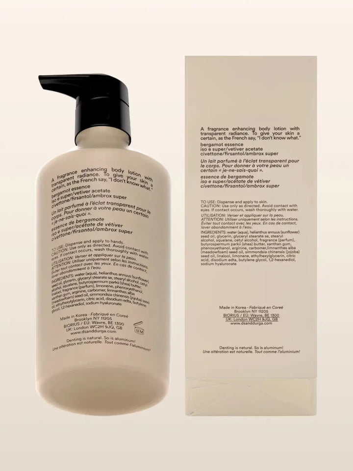 D.S. & Durga body lotion in 'I Don't Know What' with pump and packaging on a beige background | Twentyseven Toronto