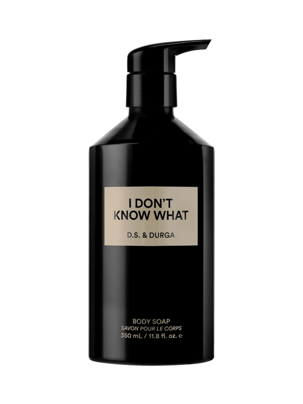 Black body soap 350ml bottle with 'I Don't Know What' label from DS & Durga on a transparent background | Twentyseven Toronto