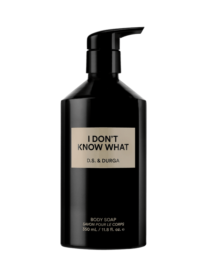 Black body soap 350ml bottle with 'I Don't Know What' label from DS & Durga on a transparent background | Twentyseven Toronto