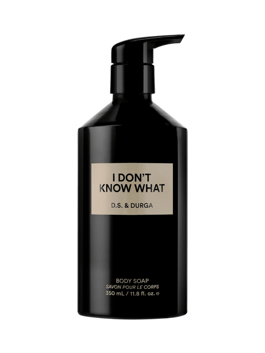 Black body soap 350ml bottle with 'I Don't Know What' label from DS & Durga on a transparent background | Twentyseven Toronto
