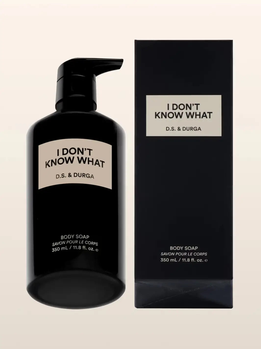 Black body soap bottle and packaging from DS& Durga with 'I Don't Know What' text on a beige background