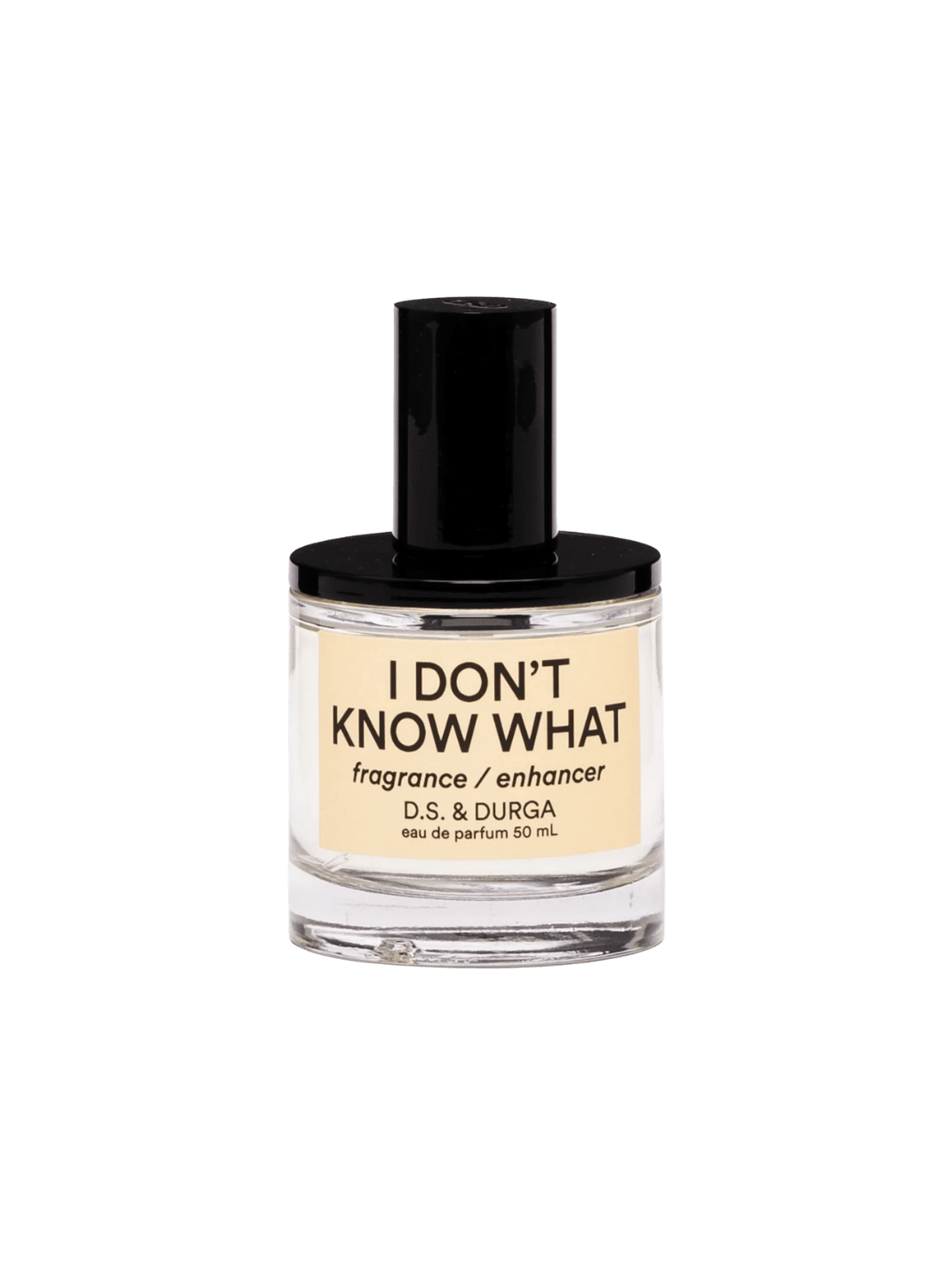50ml perfume bottle labeled 'I Don't Know What' by D.S. & Durga on a transparent background | Twentyseven Toronto
