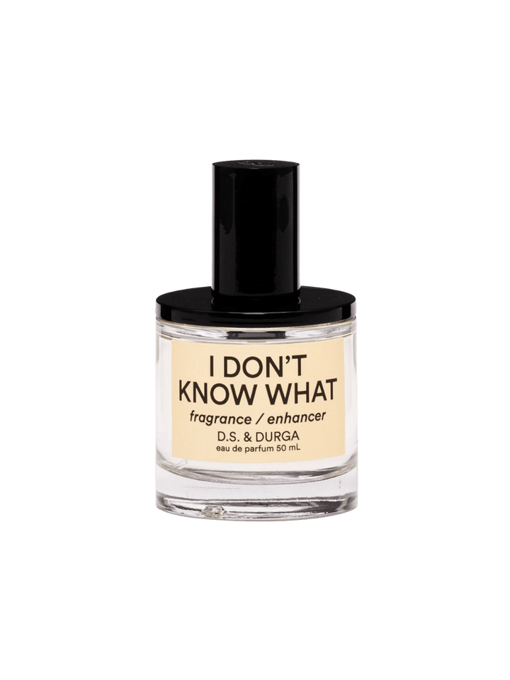 50ml perfume bottle labeled 'I Don't Know What' by D.S. & Durga on a transparent background | Twentyseven Toronto