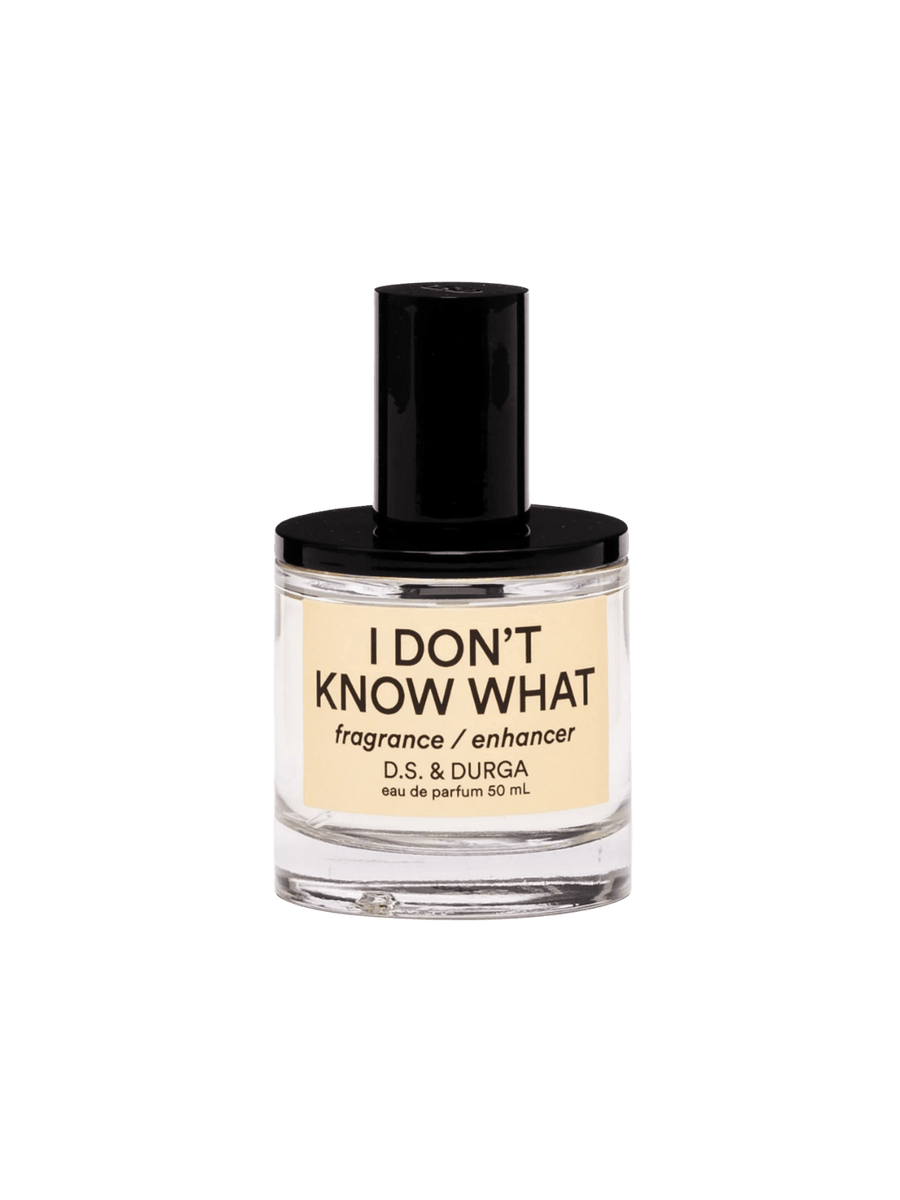 50ml perfume bottle labeled 'I Don't Know What' by D.S. & Durga on a transparent background | Twentyseven Toronto