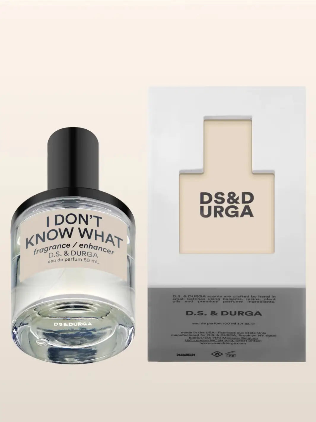 D.S. & Durga perfume bottle labeled 'I Don't Know What' and packaging on a beige background | Twentyseven Toronto