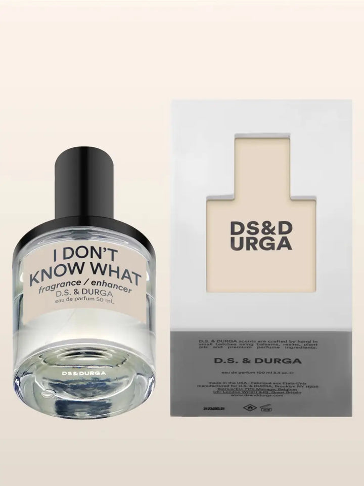 D.S. & Durga perfume bottle labeled 'I Don't Know What' and packaging on a beige background | Twentyseven Toronto