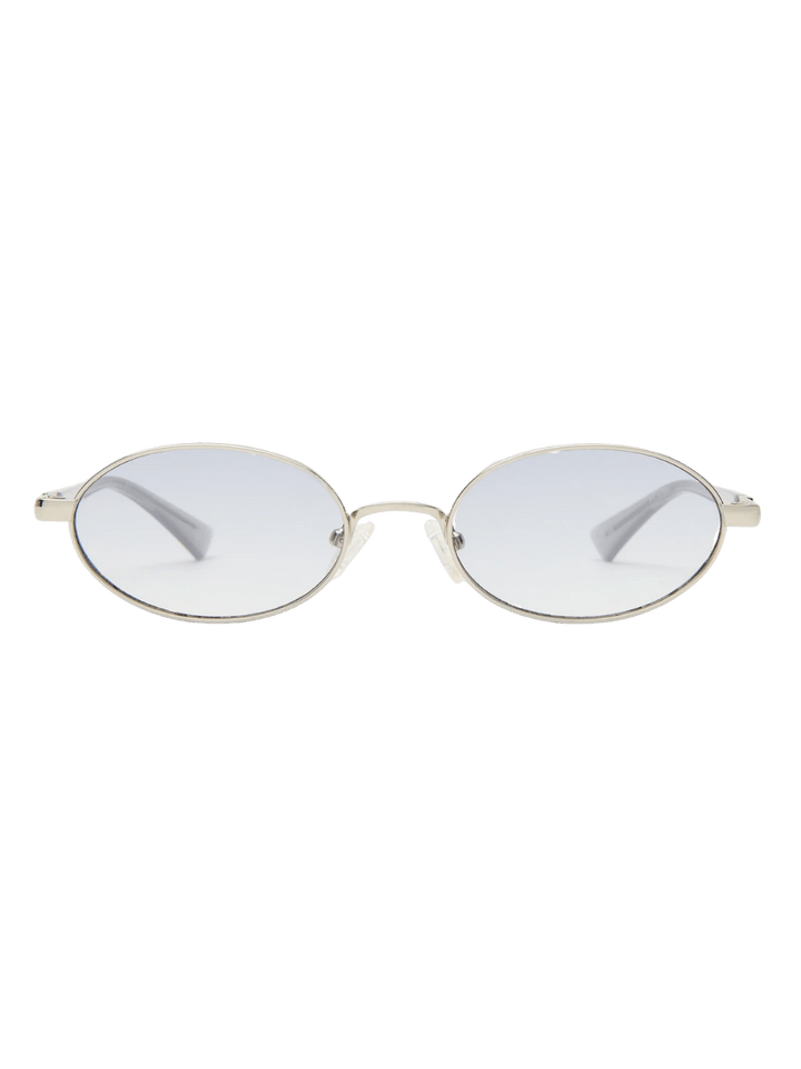 Product shot of the silver, oval Le Specs Icicle - Silver Smoke Grad sunglasses on a transparent background | Twentyseven Toronto