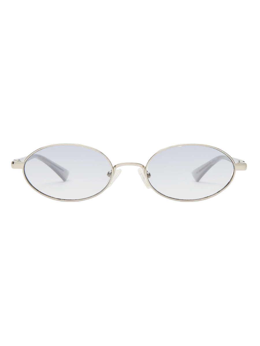 Product shot of the silver, oval Le Specs Icicle - Silver Smoke Grad sunglasses on a transparent background | Twentyseven Toronto