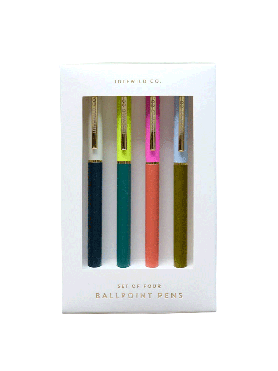 Idlewild Co. City Palette Pens in Tokyo, featuring four colourful duo-toned ballpoint pens with metallic gold clips in a white gift box | Twentyseven Toronto