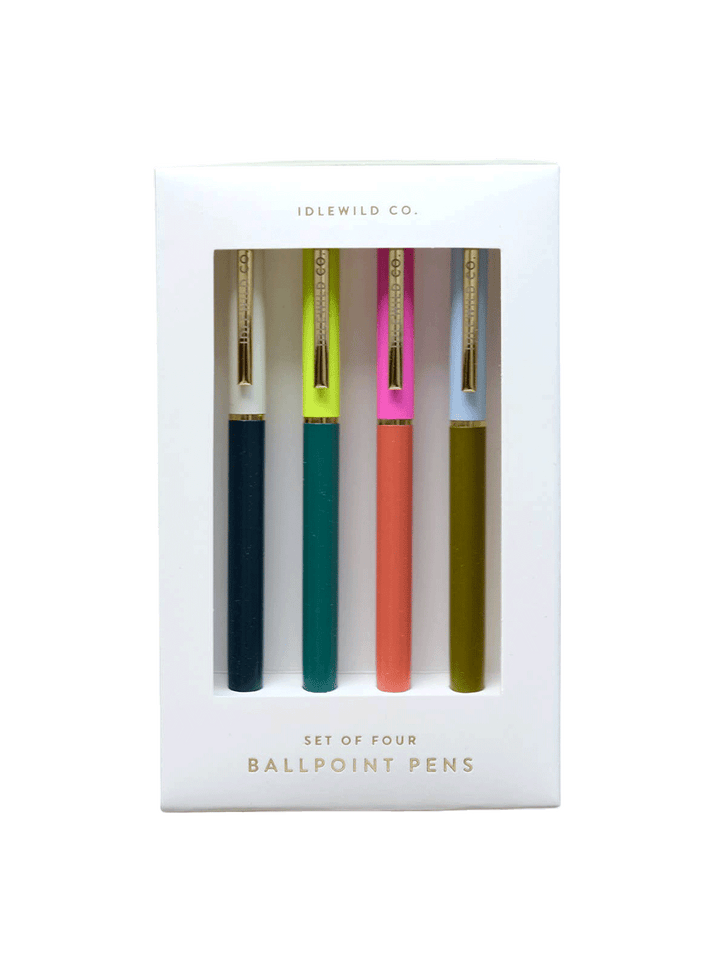 Idlewild Co. City Palette Pens in Tokyo, featuring four colourful duo-toned ballpoint pens with metallic gold clips in a white gift box | Twentyseven Toronto