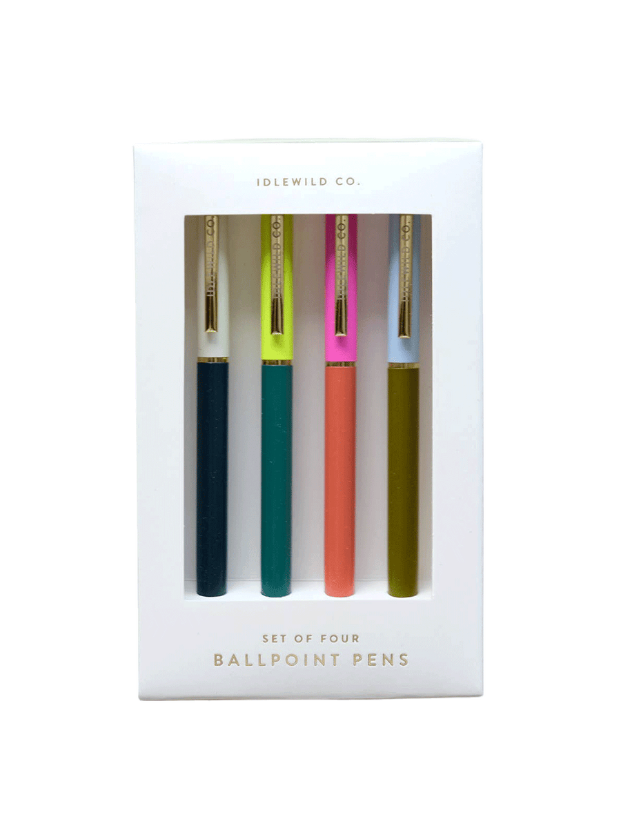 Idlewild Co. City Palette Pens in Tokyo, featuring four colourful duo-toned ballpoint pens with metallic gold clips in a white gift box | Twentyseven Toronto