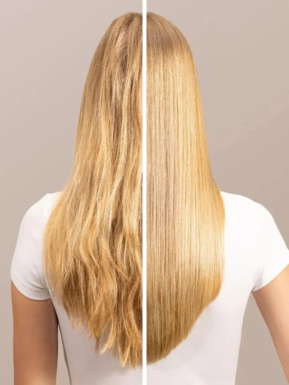 A split-screen image shows a comparison of a person's long blonde hair before and after using Davines Heart of Glass Instant Bonding Glow | Twentyseven Toronto
