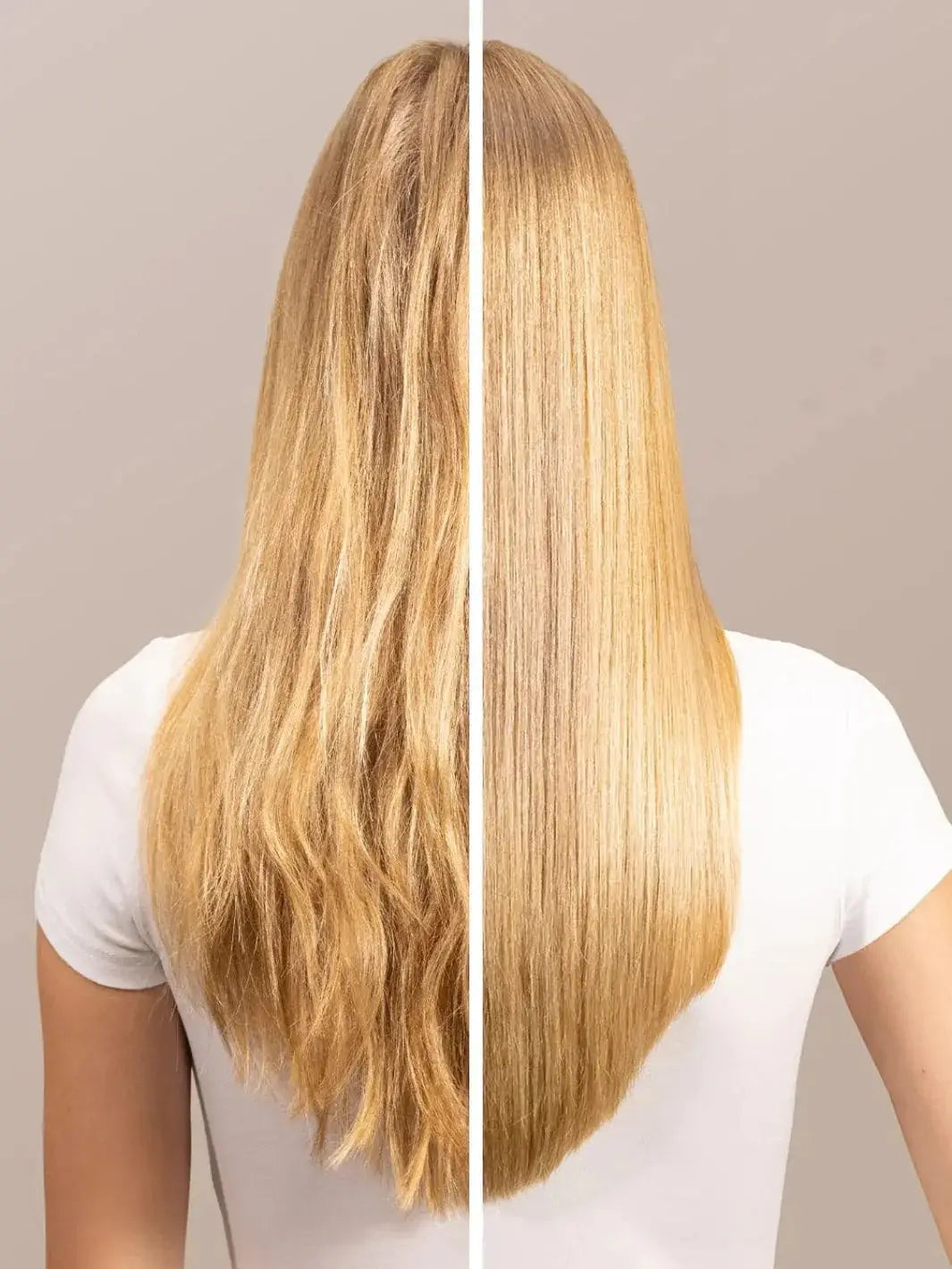 A split-screen image shows a comparison of a person's long blonde hair before and after using Davines Heart of Glass Instant Bonding Glow | Twentyseven Toronto