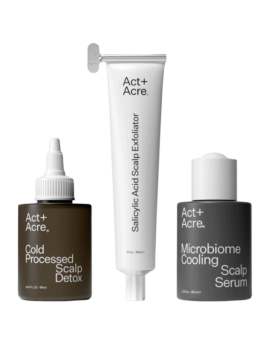 Act+Acre Scalp Detox, Salicylic Acid Scalp Exfoliator, and Microbiome Cooling Scalp Serum products on a transparent background | Twentyseven Toronto