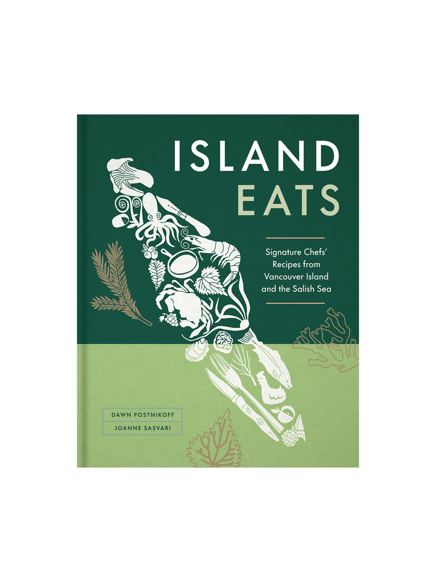 The front cover of the book 'Island Eats' by Dawn Postnikoff and Joanne Savari, featuring a dark green top half with white typography and botanical illustrations, and a light green bottom half | Twentyseven Toronto