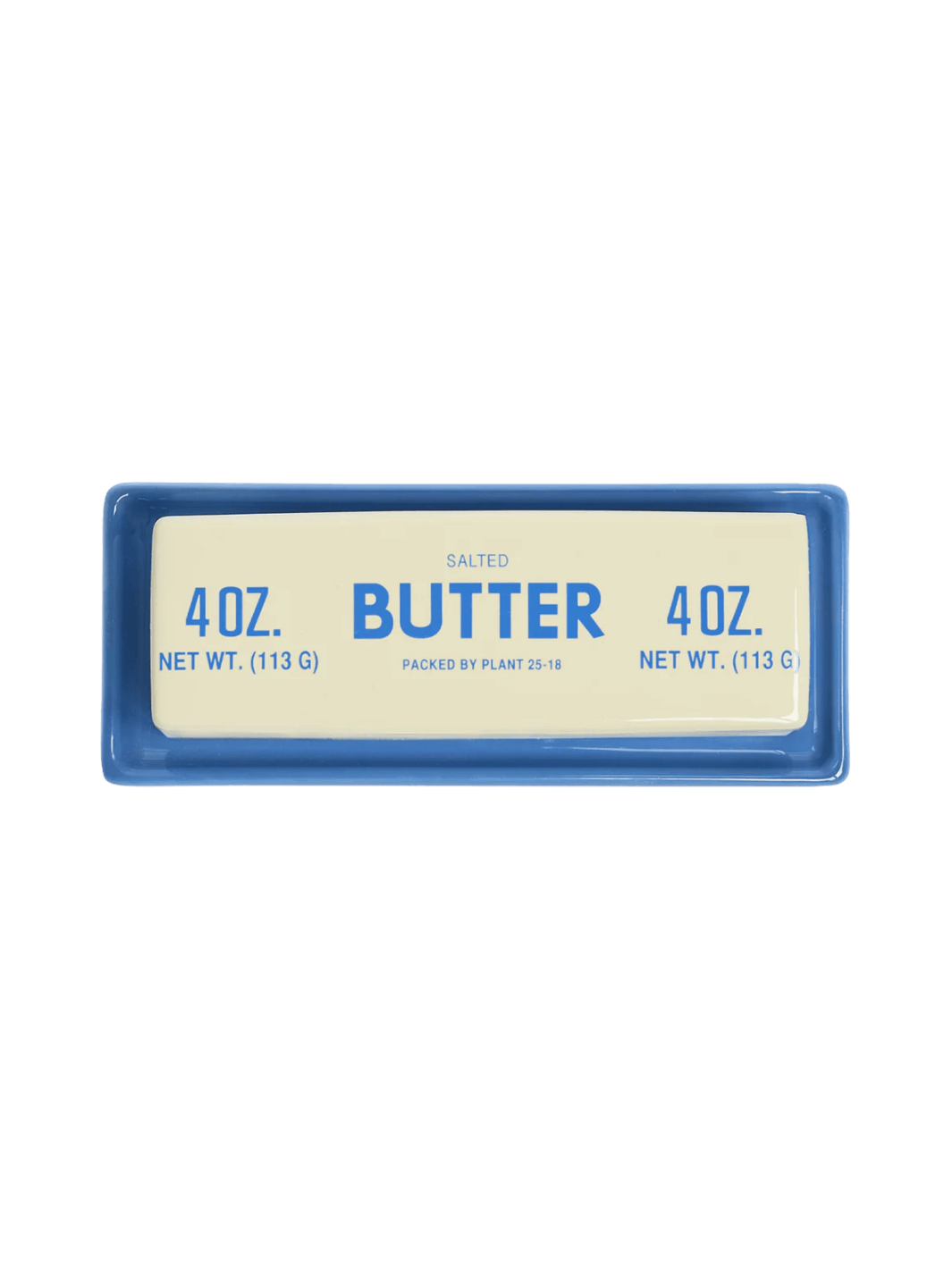 A top-down overhead view of the Item - Butter Stick Butter Dish from Fishs Eddy showcases the vintage-style blue lettering on the cream ceramic lid | Twentyseven Toronto