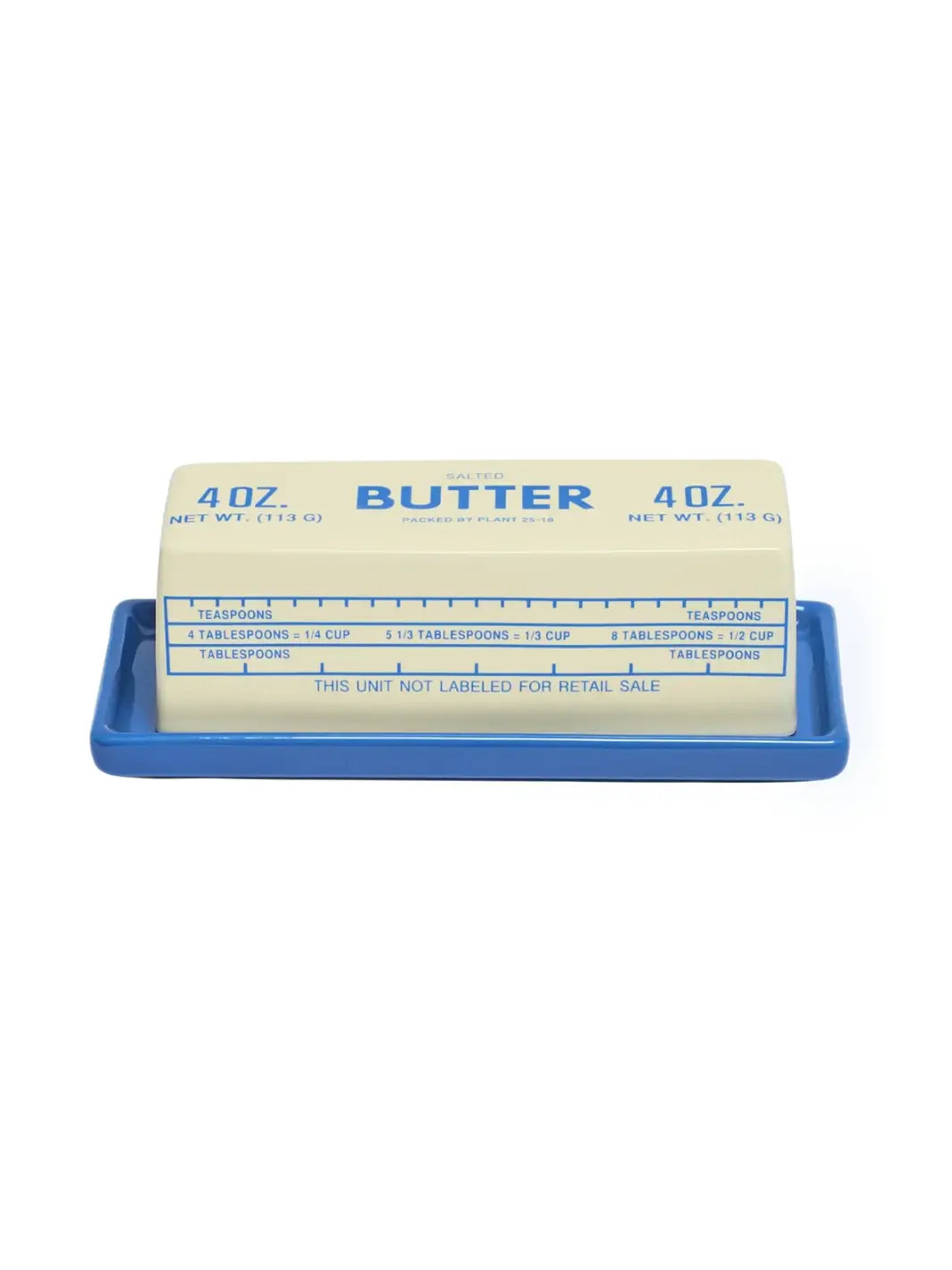 A front view of the Item - Butter Stick Butter Dish from Fishs Eddy, showing the bold blue "SALTED BUTTER 4 OZ." text printed across the top of the ceramic lid | Twentyseven Toronto