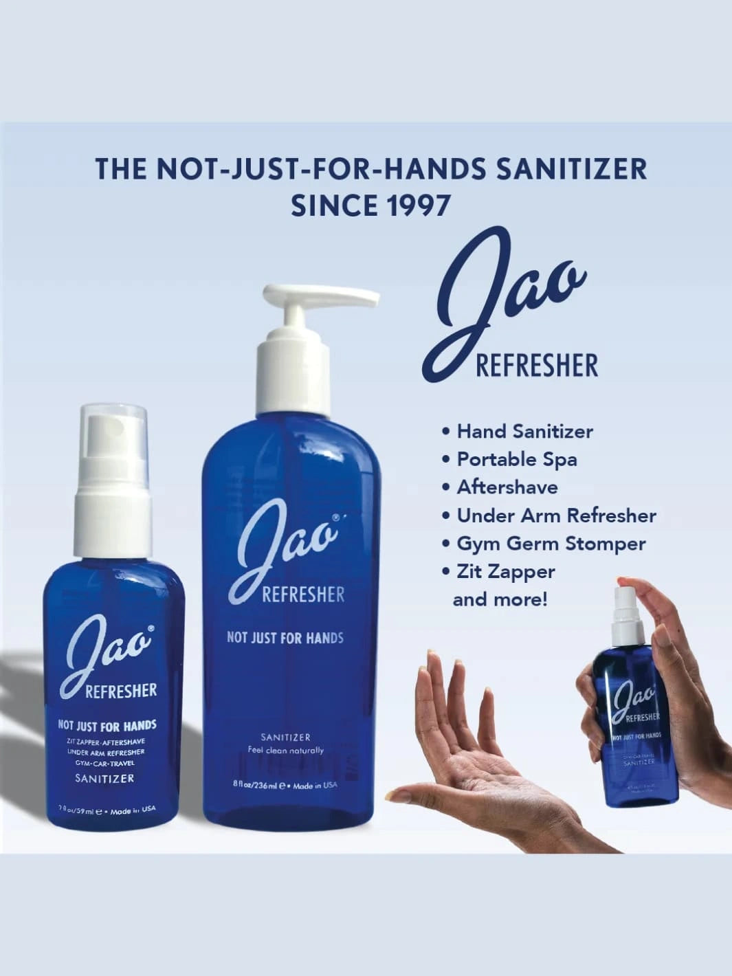 Jao Brand Jao Refresher hand sanitizer bottles with product features on a light blue background 2 fl oz | Twentyseven Toronto