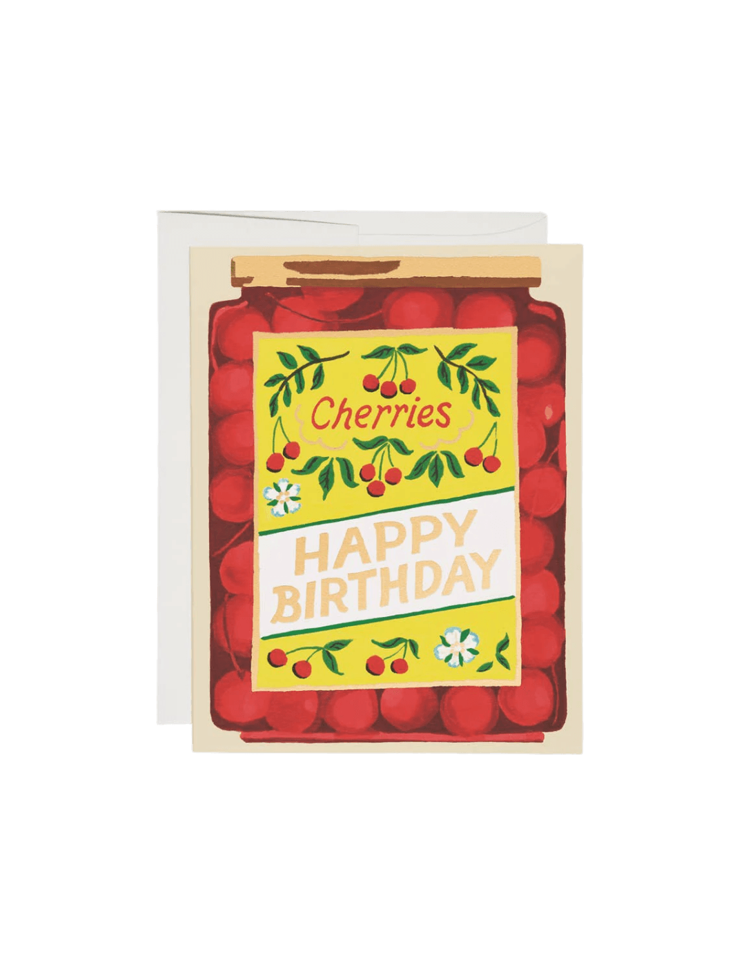 A Jar of Cherries Birthday Greeting Card features a colorful illustration of a mason jar filled with red cherries and a yellow label reading "HAPPY BIRTHDAY," shown next to a white envelope | Twentyseven Toronto