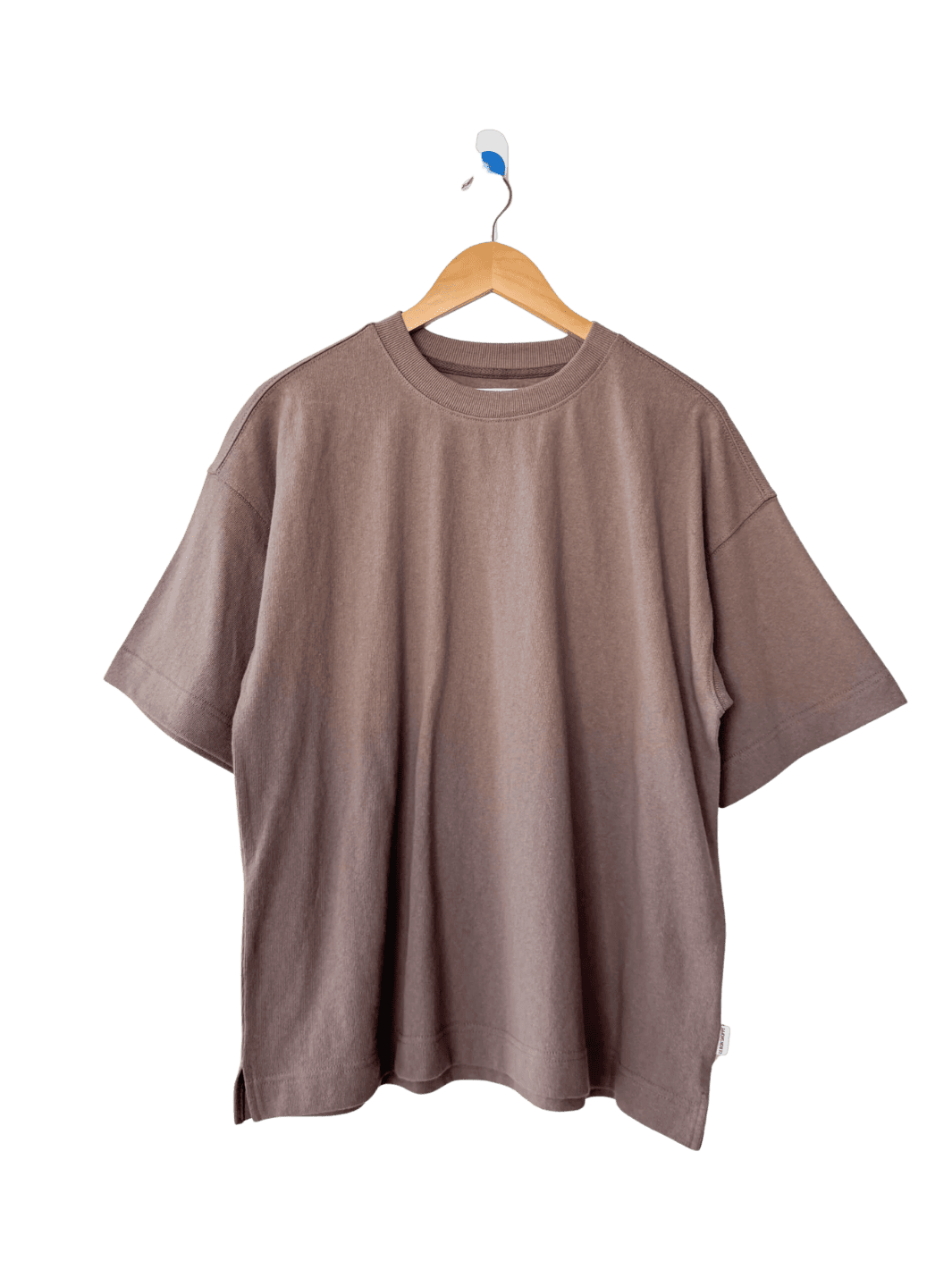 Brown 'Jayden Tee' t-shirt in 'Mushroom' from Le Bon Shoppe on a wooden hanger | Twentyseven Toronto